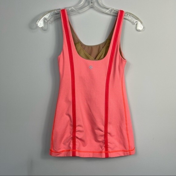Lululemon Neon Orange Pink Striped Scoop Neck Tank Top Built In Sports Bra 4 - Picture 9 of 13